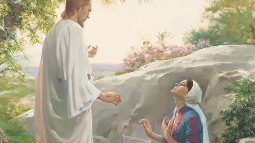 Jesus Christ talking to Mary Magdalene outside the empty tomb