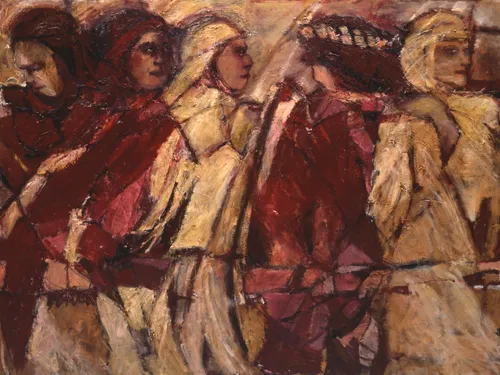 a painting of Tamar, Rahab, Ruth, Bathsheba, and Mary standing in a line