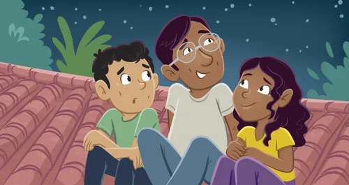 Brother, sister, and dad sitting on the roof of a house