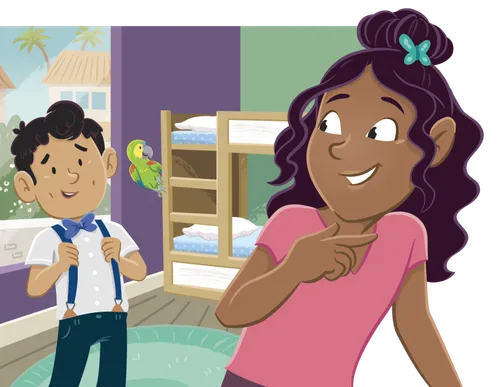 Panel 1: Margo and Paolo in their bedroom. Paolo is sitting on the bottom bunk, looking a little sad, while Margo sits nearby, putting on her shoes. They‚Äôre both in Sunday clothes and Margo has Kiwi on her shoulder. Panel 2: Margo sits down next to Paolo. Panel 3: Margo: "And no matter where we are, Primary is the same! We always learn about Jesus. And sing the same songs." Panel 4: Kiwi flaps her wings. Margo and Paolo are laughing. Panel 5: Margo and Paolo stand. Paolo looks a lot more confident/comfortable. Panel 6: Margo and Paolo walking into a Primary room. Margo is waving confidently and Paolo looks a little shy but is smiling and waving too. The other kids look excited and the teacher is smiling warmly. There‚Äôs a picture of Jesus hanging up on the wall.
