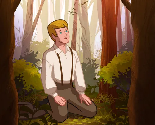 Joseph Smith, kneeling in a grove of trees, listens to the Savior.