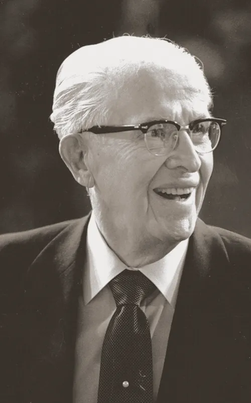 President Ezra Taft Benson smiling.  Photographed at the October 1982 general conference.