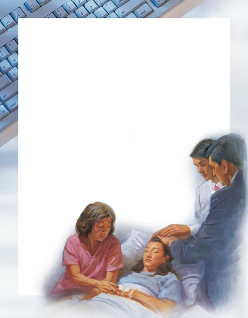 woman on hospital bed receiving a priesthood blessing