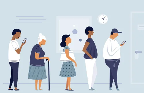 different people standing in line and waiting