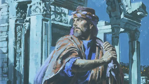 Achan carrying a bag of items he stole from Jericho