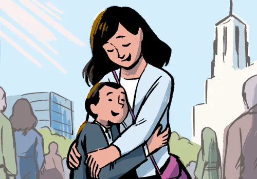 Boy and mom hugging outside the Conference Center