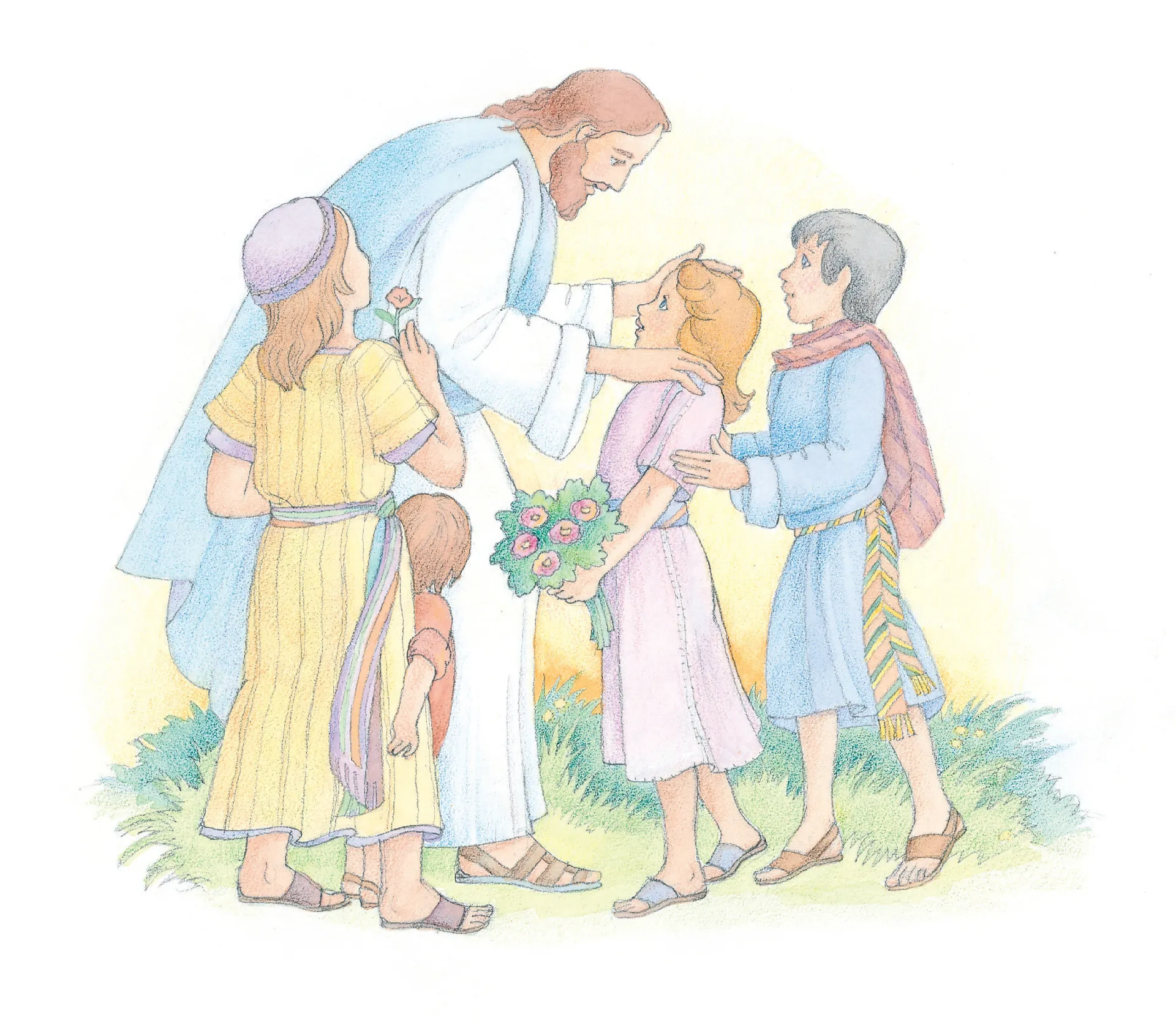 Cristo, de pie, interactúa con cuatro niños pequeños. De Children´s Songbook, página 80, “Si niño yo fuera”(véase Liahona, abril de 2008, págs. A10 y A11); ilustración a la acuarela por Phyllis Luch.