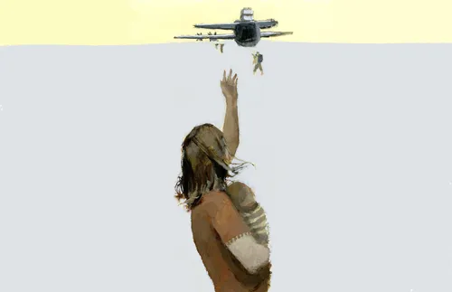 woman reaching out to man boarding airplane