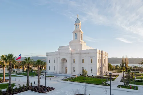 The Concepción Chile Temple and grounds in the early morning.