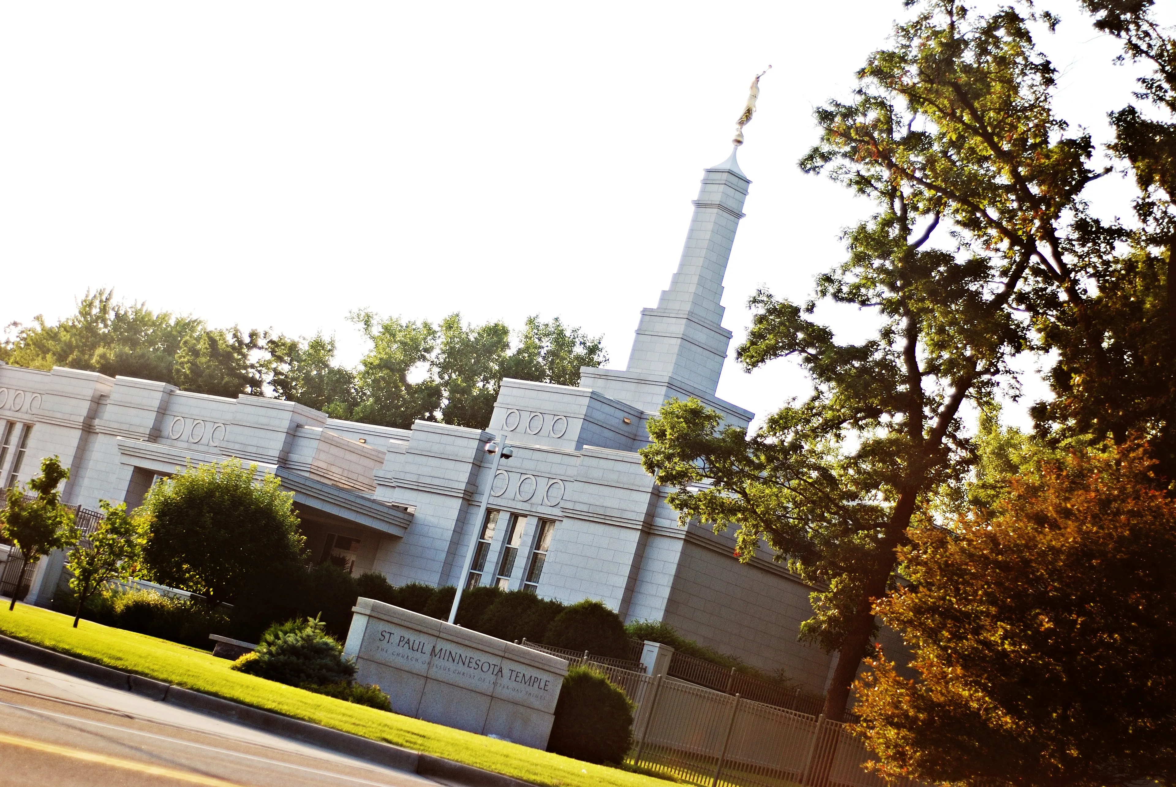 The St. Paul Minnesota Temple, including the name sign, entrance, and scenery.
