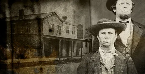 Historical photograph of two men and a street in Nauvoo.
