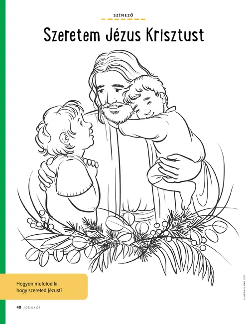 PDF-oldal egy színezőről, amelyen Jézus Krisztus két gyermekkel látható