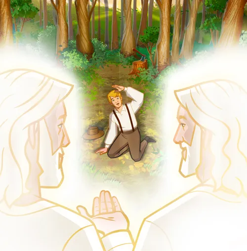 Heavenly Father and Jesus Christ appear to Joseph Smith. He kneels before them.
