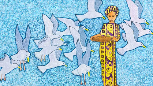 a woman and seagulls