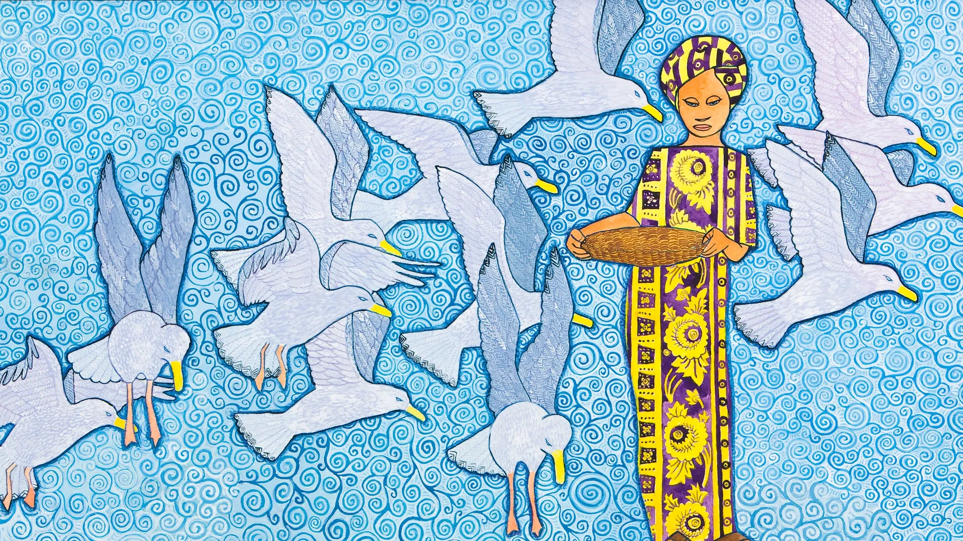 A woman with a basket stands on a dock surrounded by seagulls.  Twelve birds surround her in various stages of flight.  Four orange fish can be seen in the water under the dock.  The water is made up of blue and green pockets of design.  Four large tires under the dock hold it afloat.  The woman standing on the dock wears a yellow and purple tunic-style dress with a matching head wrap.  There are large yellow flowers arranged vertically down the front of her dress.  Light blue and white spirals fill the sky and empty spaces around the woman and birds.