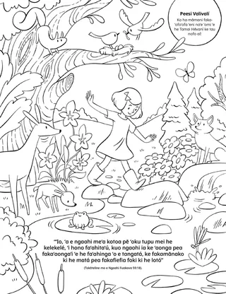 a coloring page of a girl walking through a forest scene