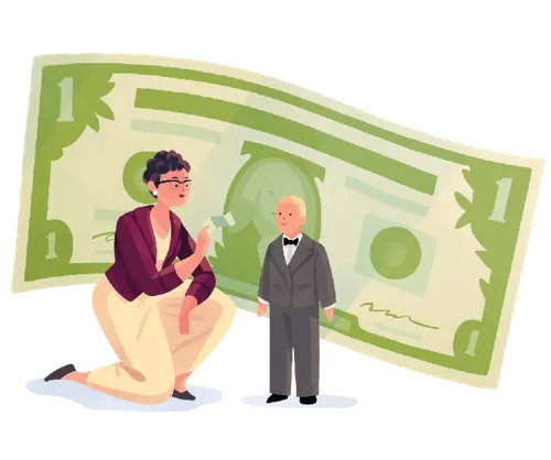 mother, son, and dollar bill