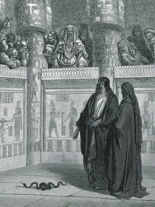 Moses and Aaron stand before the Pharaoh with a serpent on the ground