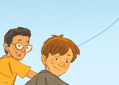 boys looking toward other kid in distance