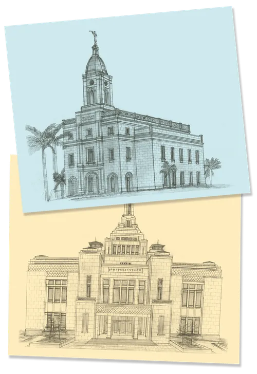 Sketches of Barranquilla Colombia Temple and Sapporo Japan Temple