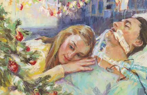 Drawing of a sick husband with his wife in a hospital bed