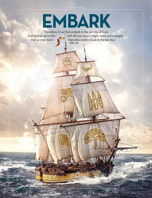 An image of a brown galleon ship with varying gold gospel symbols on its white sails traversing the ocean waves. The blue words "Embark" are centered on the top above the ship.