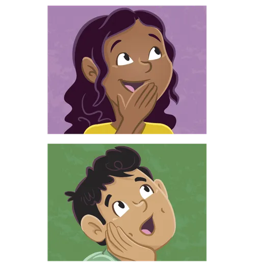 Girl with her hand over her mouth and boy with his hand on his cheek