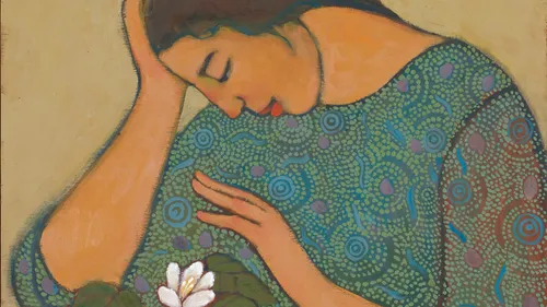 a pensive woman with a flower