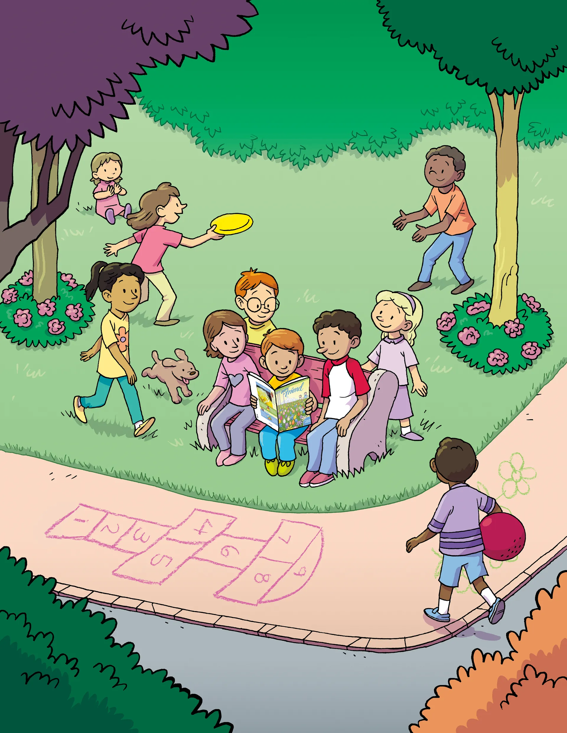 A group of children sit on a park bench together and read the Friend magazine.