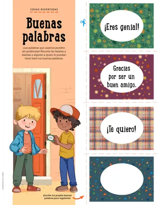 Hoja de actividades con tarjetas de mensajes amables