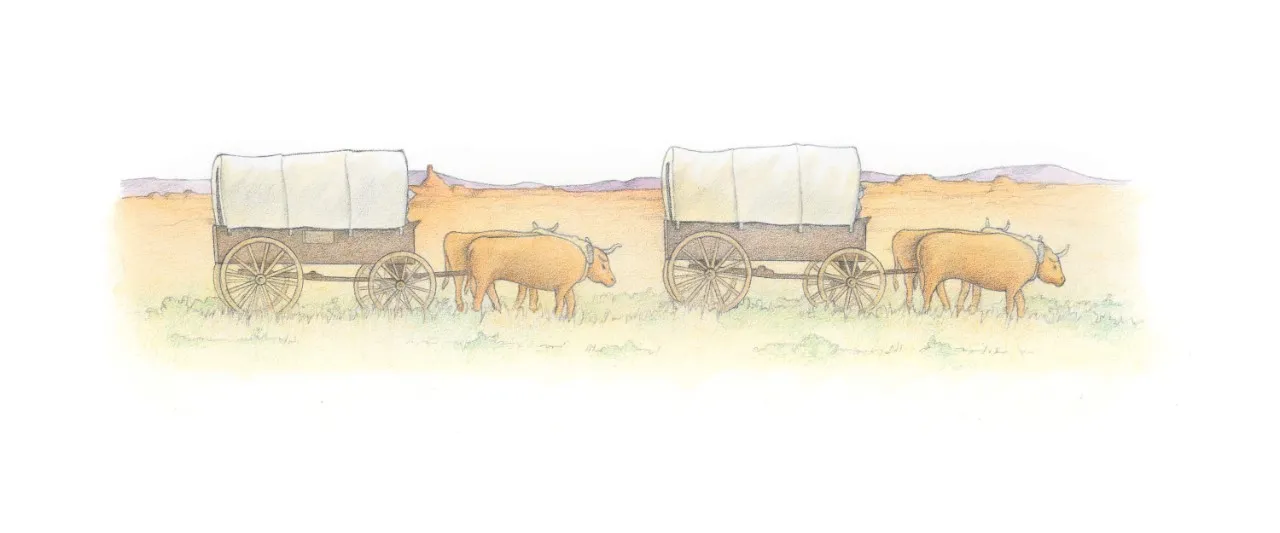 Two covered wagons are pulled by oxen across the plains. From the Children’s Songbook, page 221, “Covered wagons”; watercolor illustration by Beth Whittaker.