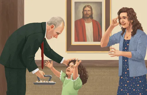 man helping a little girl partake of the sacrament while mother looks on