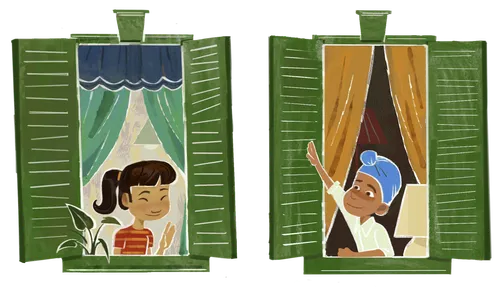 children waving to each other from their windows