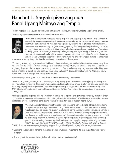 Handout 1: Nagsakripisyo ang mga Banal upang Itayo ang Templo