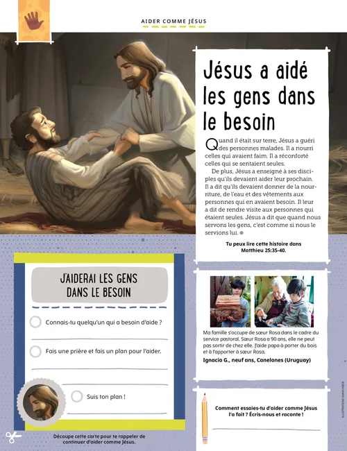 Page PDF montrant Jésus-Christ guérissant un homme, ainsi qu’une activité pour noter le nom d’une personne à aider