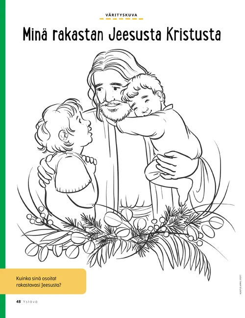 PDF-värityskuva Jeesuksesta Kristuksesta kahden lapsen kanssa