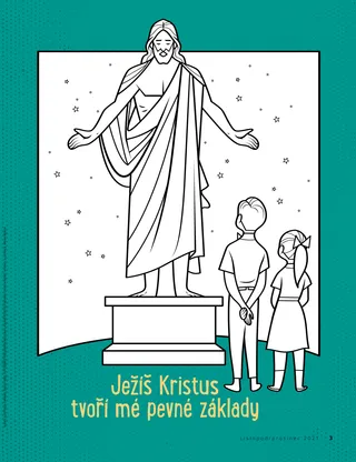coloring page of two children looking at statue of Jesus