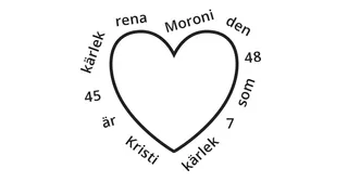 Enkel teckning av ett hjärta med ord och siffror i hänvisning och nyckelfras för Moroni 7:45–48 skrivna kring hjärtat i slumpmässig ordning.