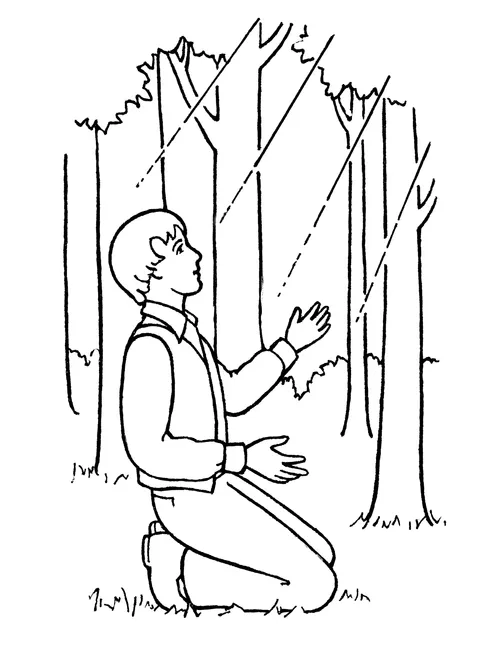 A black-and-white illustration of Joseph Smith kneeling in the Sacred Grove and seeing a light overhead prior to the First Vision.