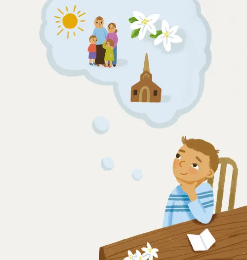 Illustration of boy with thought bubble containing a sun, a family, Easter lilies, and a church building