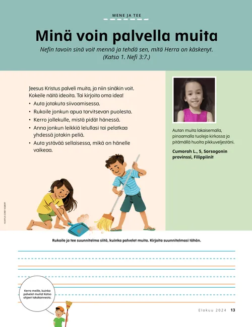 PDF-sivu, jolla on kuva kahdesta lapsesta lakaisemassa lattiaa sekä rivejä, joille voi kirjoittaa palvelusuunnitelman