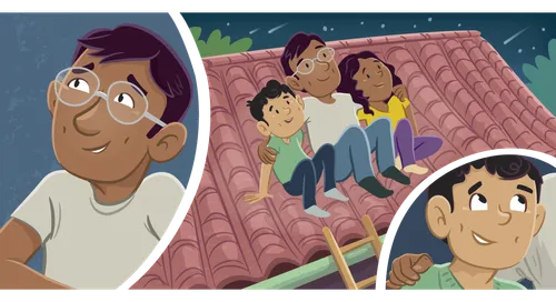 Dad sitting on the roof with his arms around his son and daughter