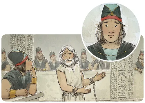Illustrations for the "Alma Believed Abinadi" scripture story in the May 2020 Friend. Abinadi testifies of the truthfulness of the gospel before King Noah and his priests. A young Alma listens intently to what Abinadi has to say.