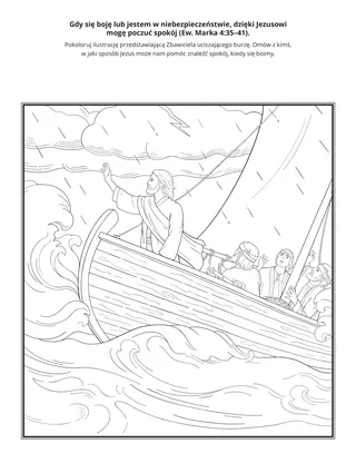 strona z zadaniami: Gdy się boję lub jestem w niebezpieczeństwie, Jezus może mi pomóc odczuć spokój