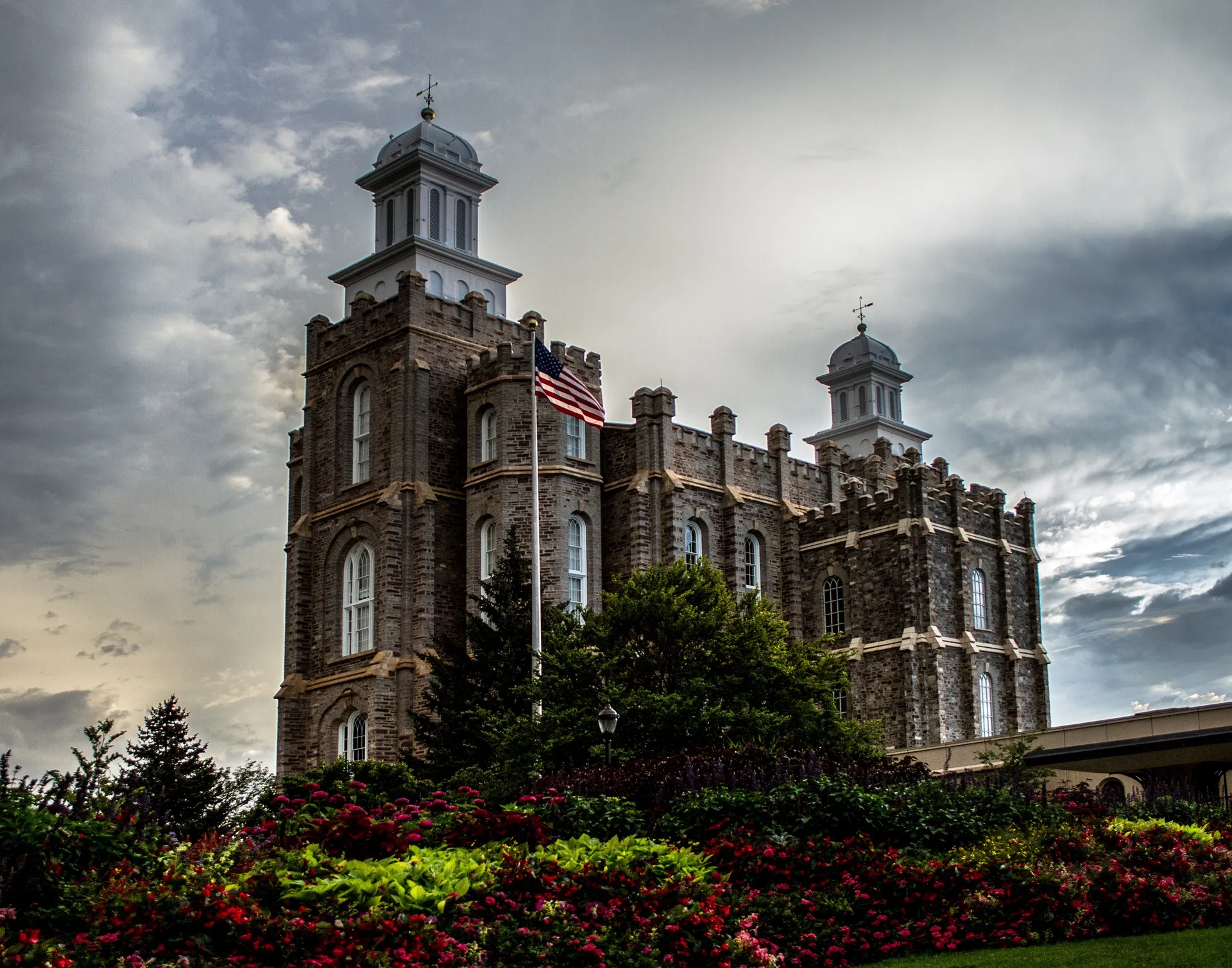 The Logan Utah Temple in a storm, including scenery.