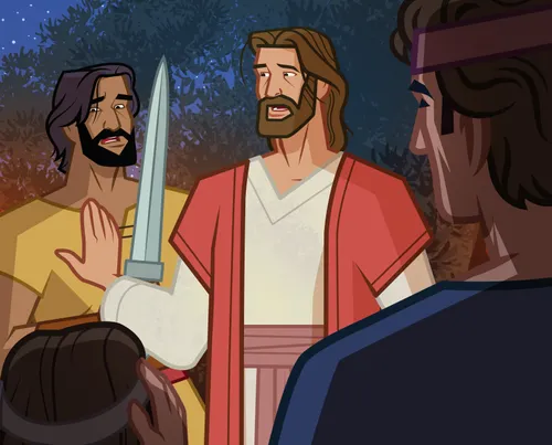 Jesus tells Peter to put his sword away.