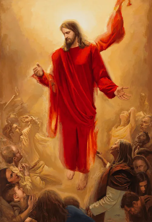 Jesus descending to earth in a red robe, surrounded by people