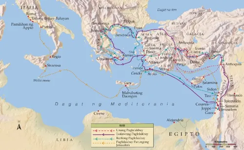 Mapa ng Biblia. Ang mga Paglalakbay ni Apostol Pablo Bilang Misyonero.