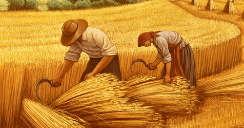 field workers harvesting wheat