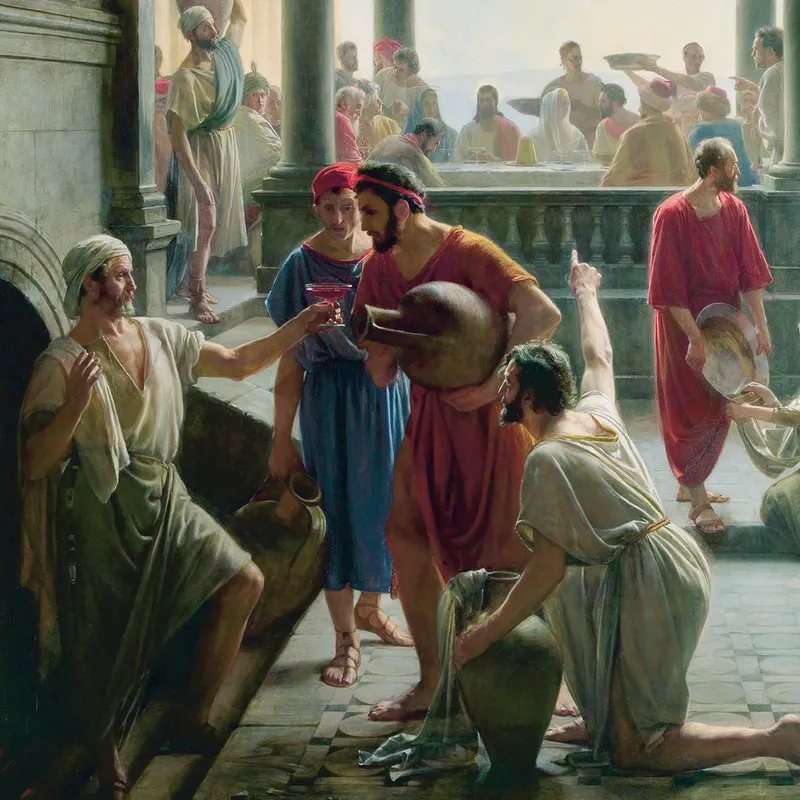 Jesus Christ preforms the miracle of turning water to wine